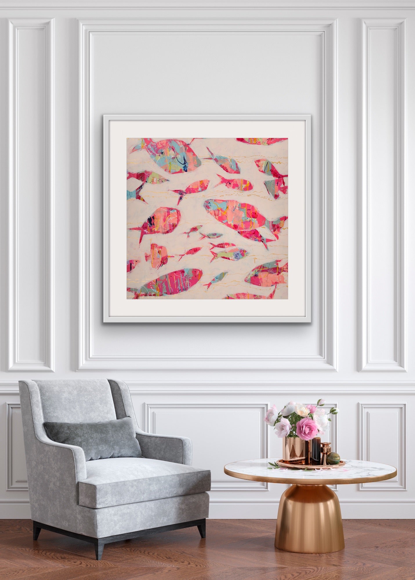 Museum-quality square fish print for modern interiors on a wall above a gray armchair.