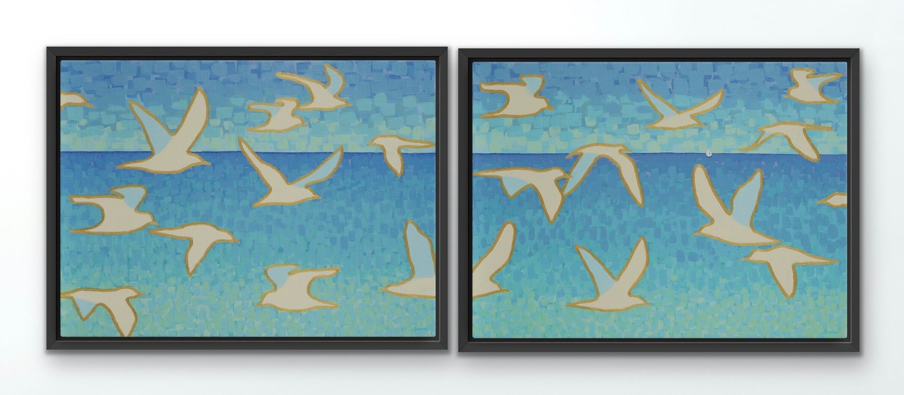 Coastal seagull diptych canvas set with golden outlines and mosaic sky