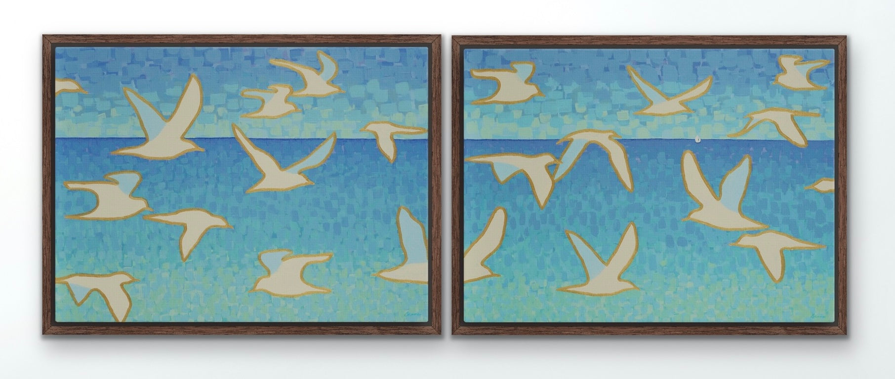 Wings of Light I & II paired coastal canvases creating continuous horizon
