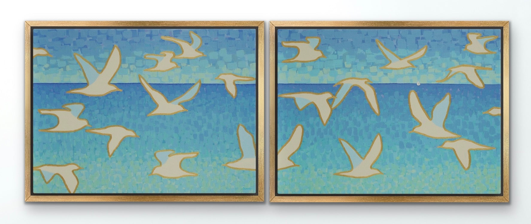 Modern seagull diptych art with calming aqua, turquoise, and sky blues