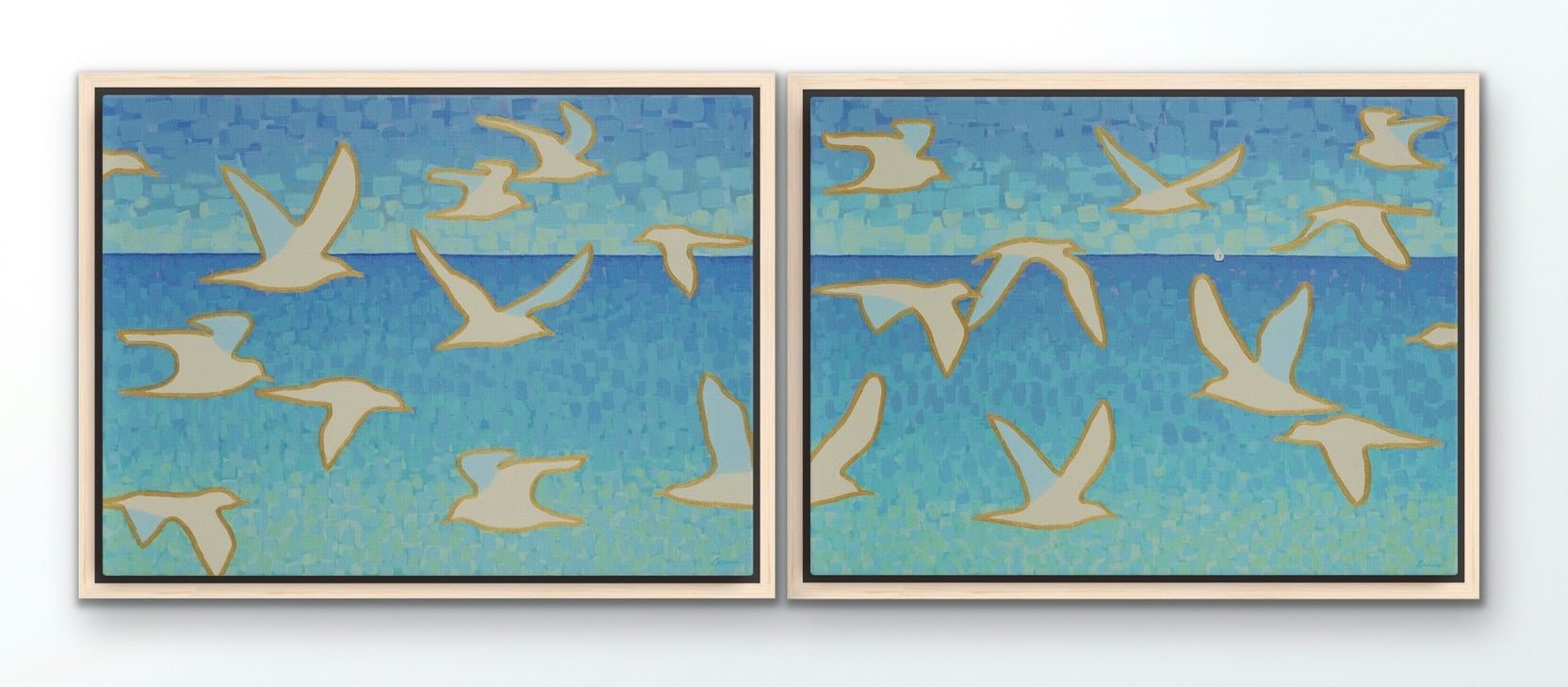 Coastal seagull diptych canvas set with golden outlines and mosaic sky