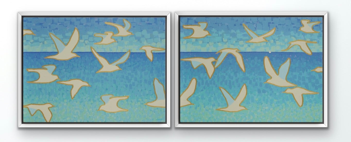 Wings of Light I & II diptych of soaring seagulls over blue ocean tones