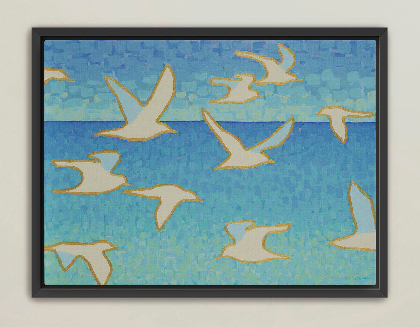 Wings of Light I framed seagull canvas print with golden outlines