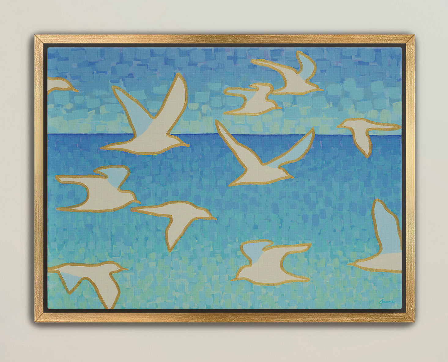 Framed giclée canvas of soaring seagulls in soft blue mosaic sky