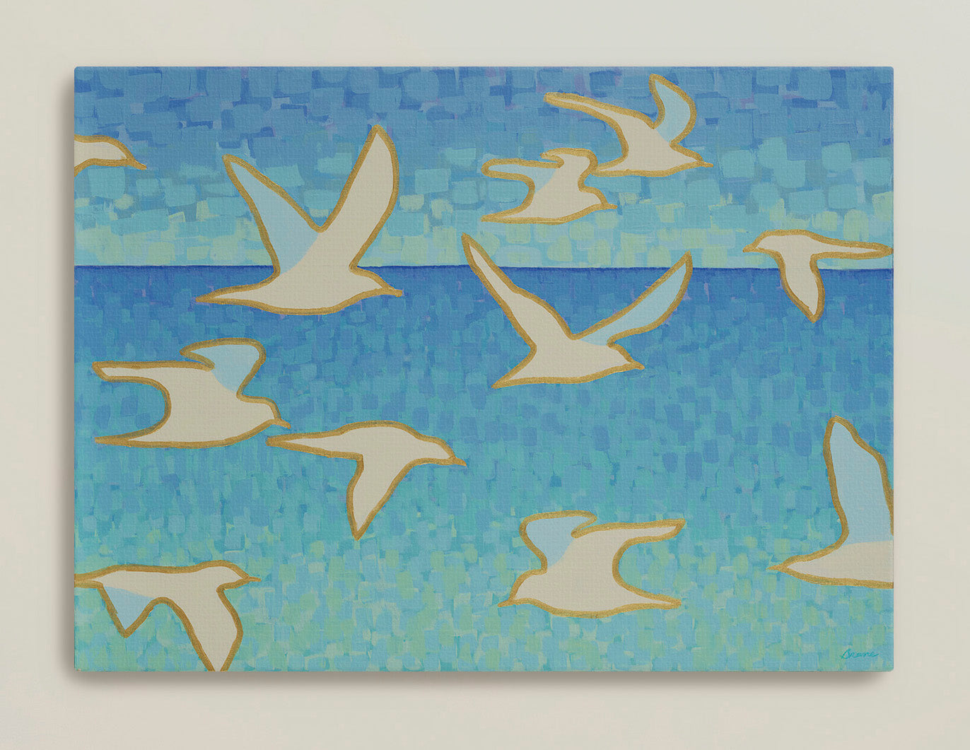 Modern seagull artwork over mosaic-style blue sky and ocean