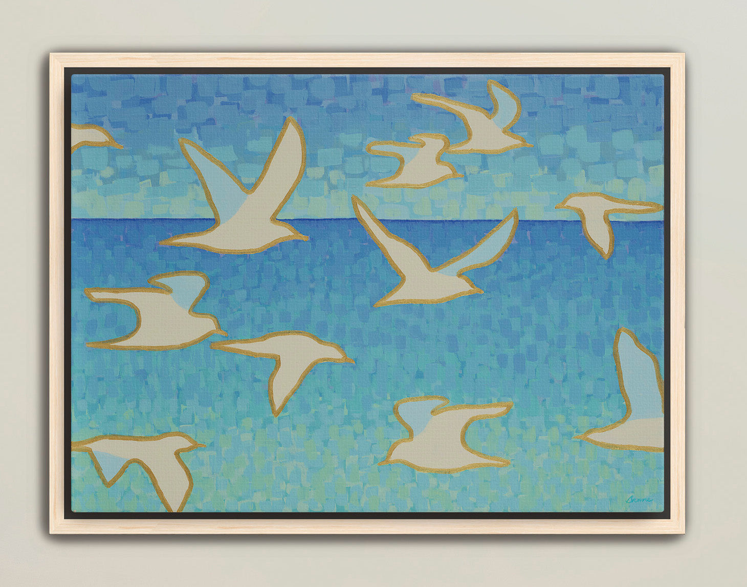 Wings of Light I coastal seagull painting with golden outlines