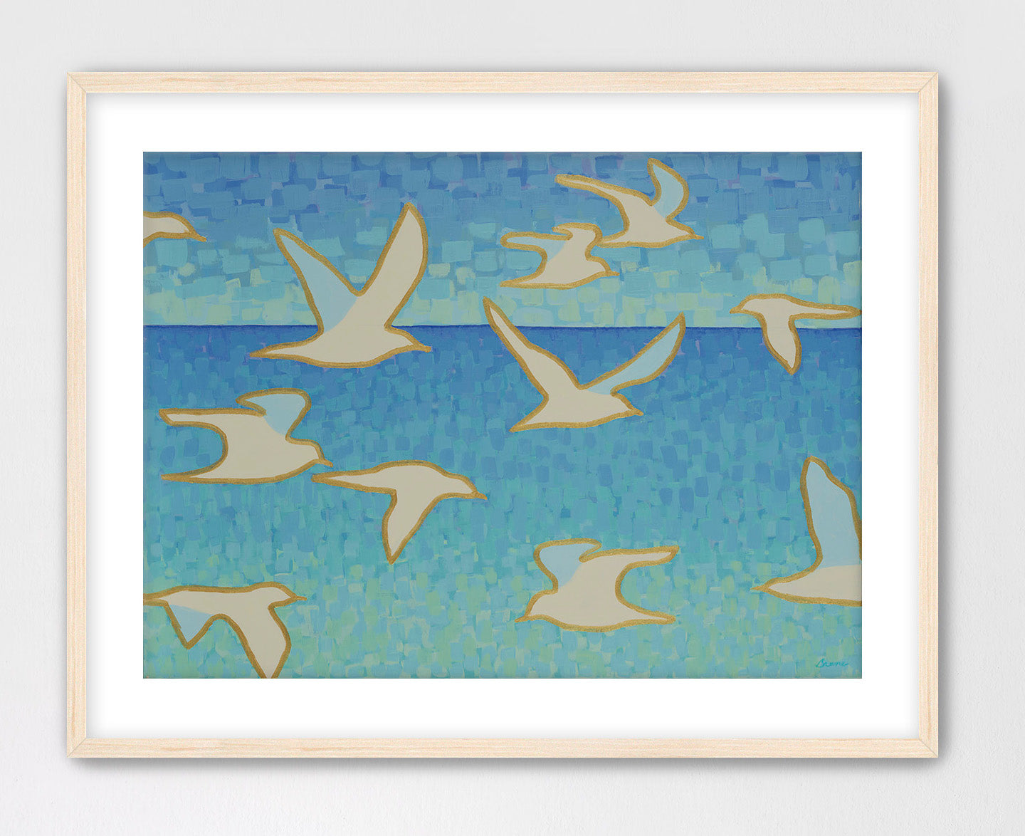 Framed artwork of seagulls flying over water with a blue and green gradient background.
