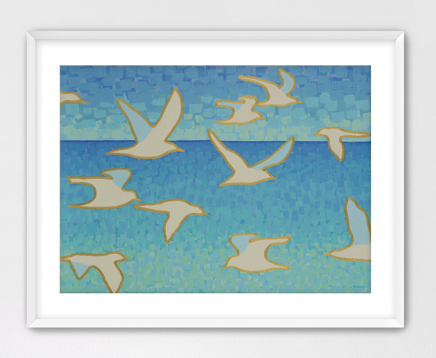 Framed giclée canvas artwork of seagulls flying over water with a white border