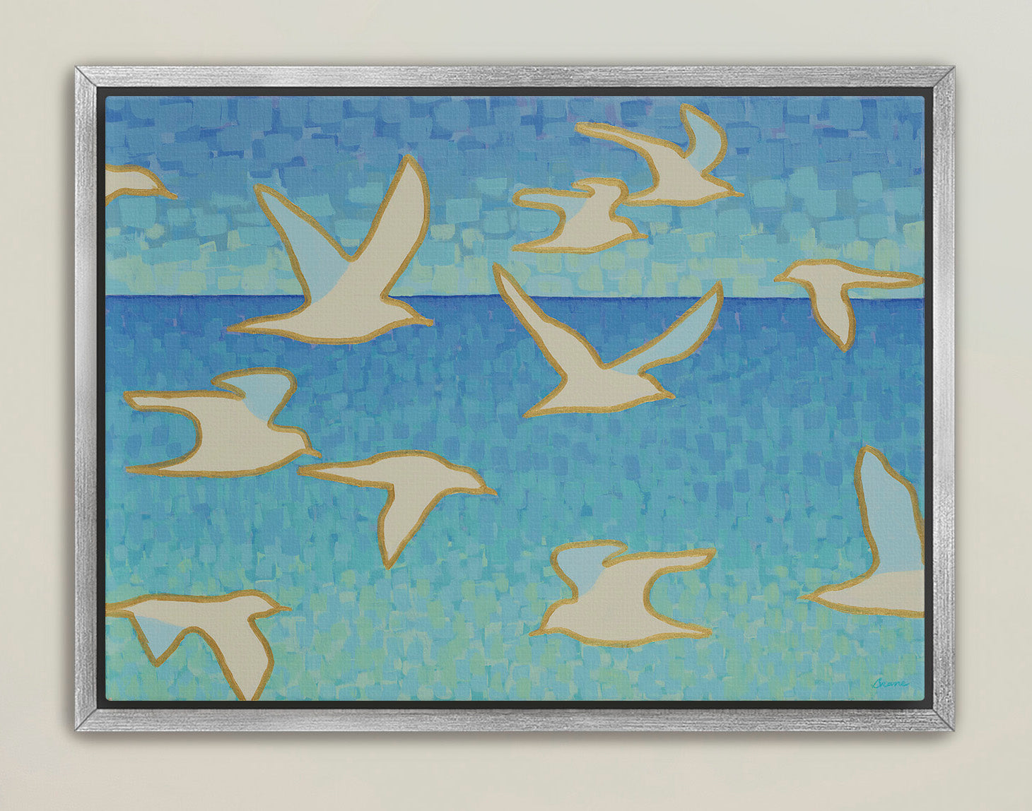 Elegant seagull painting framed for contemporary coastal décor