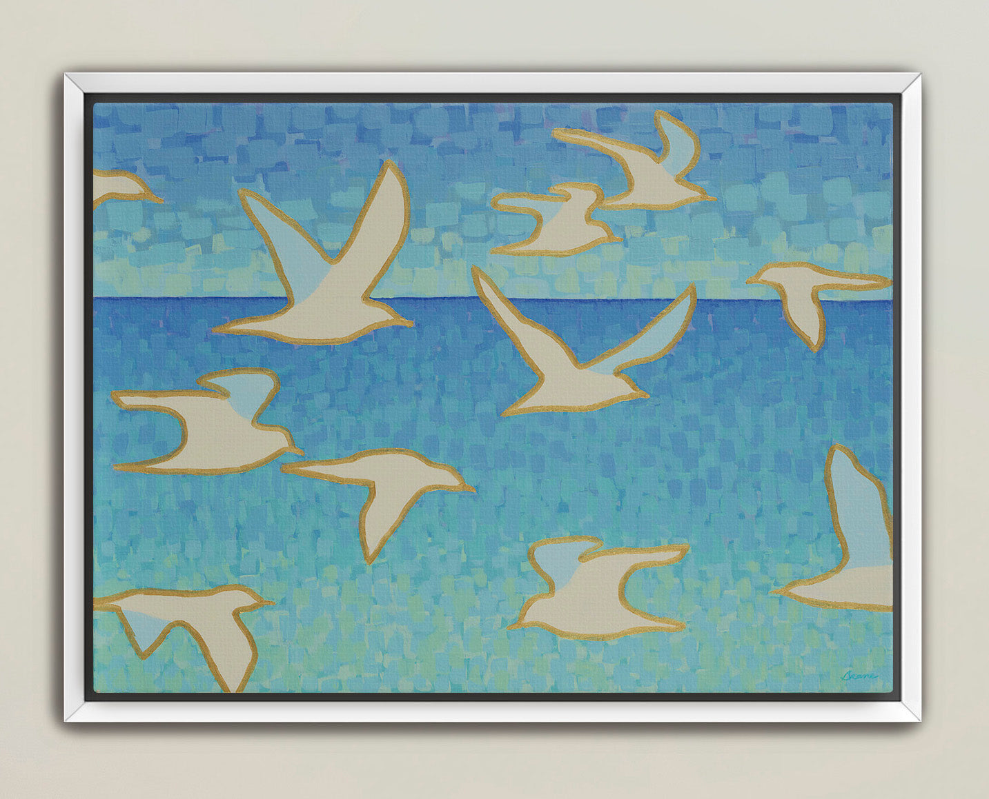 Modern coastal seagull artwork framed for beach home interiors