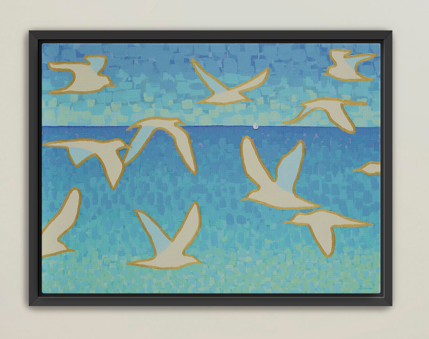 Modern bird-in-flight artwork with golden outlines and blue sea