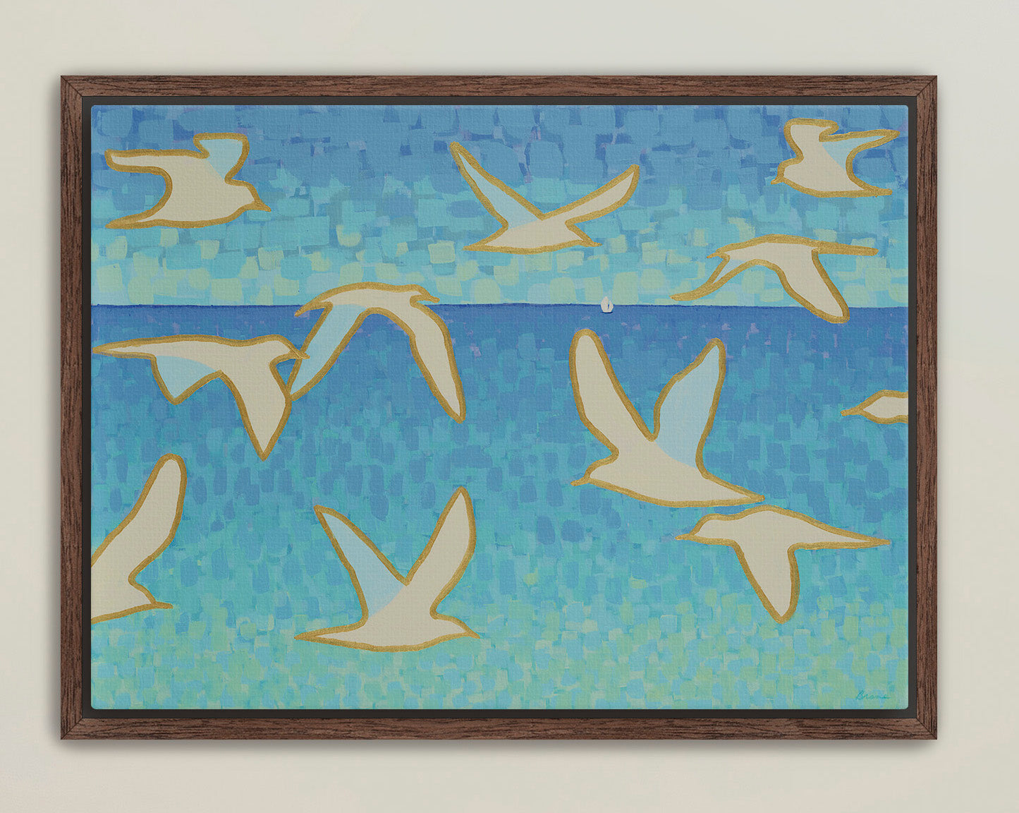 Elegant coastal bird painting framed for modern interiors