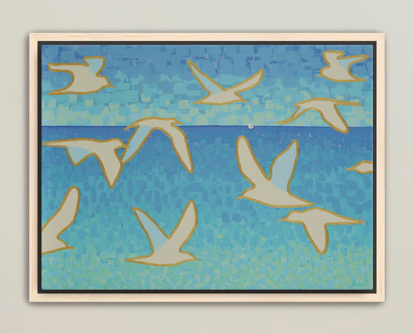 Framed giclée canvas of seagulls flying above turquoise sea