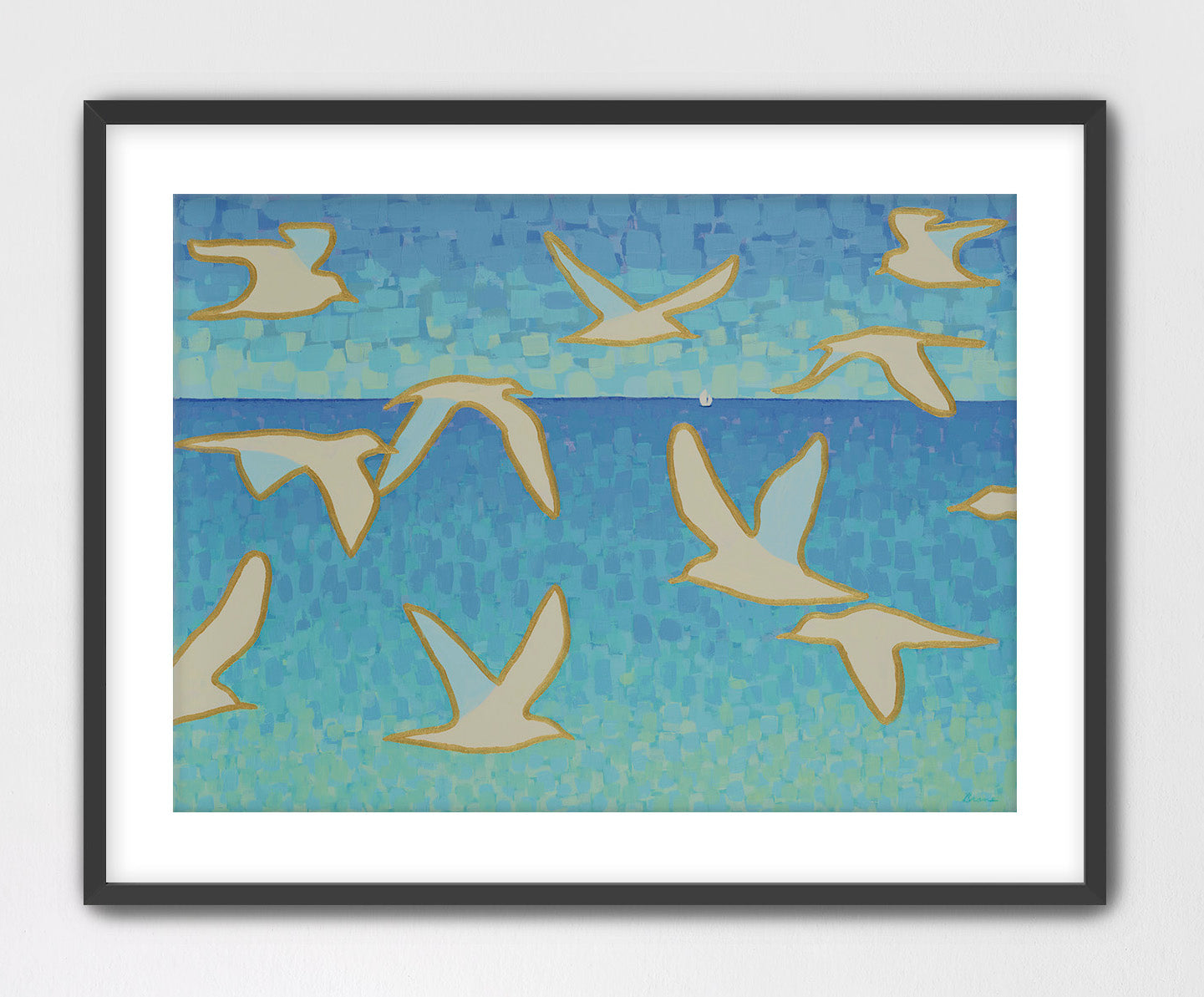 Framed coastal artwork of birds flying over water with a blue gradient background