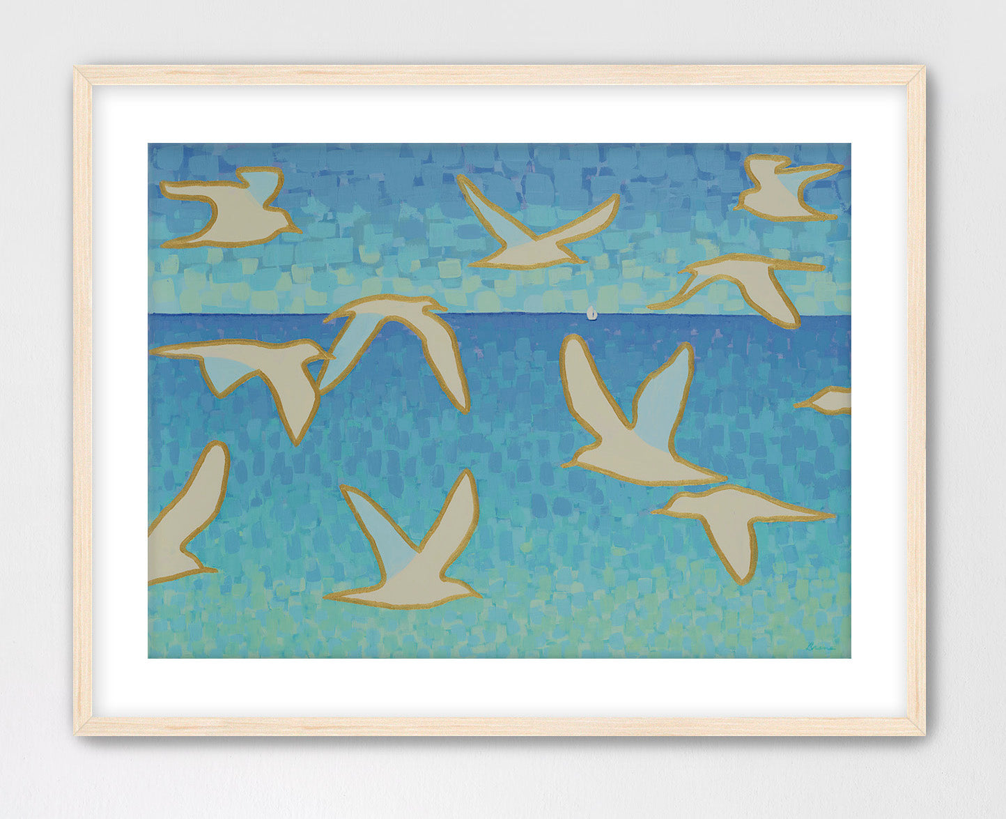 Maple framed artwork of seagulls flying over water with a blue and green gradient background.