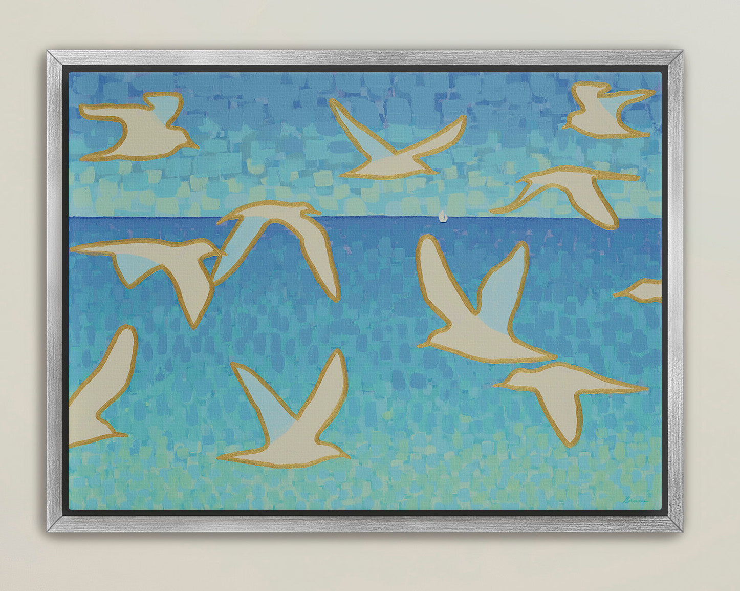 Mosaic-style coastal painting with soaring gulls and pastel ocean hues
