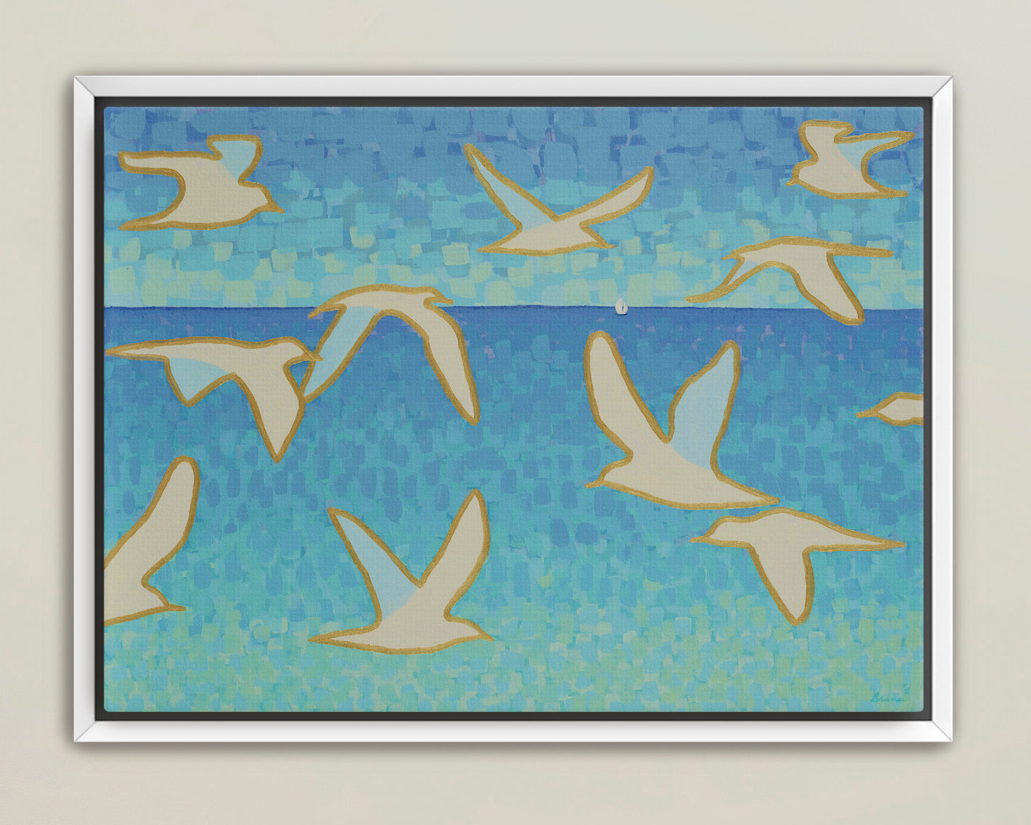 Modern bird-in-flight artwork with golden outlines and blue sea