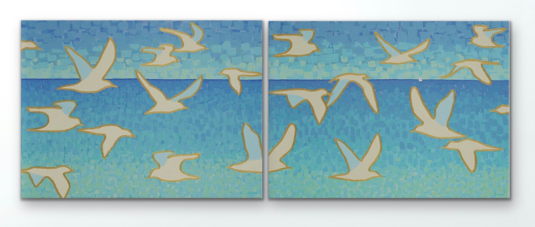 Coastal seagull diptych canvas set with golden outlines and mosaic sky